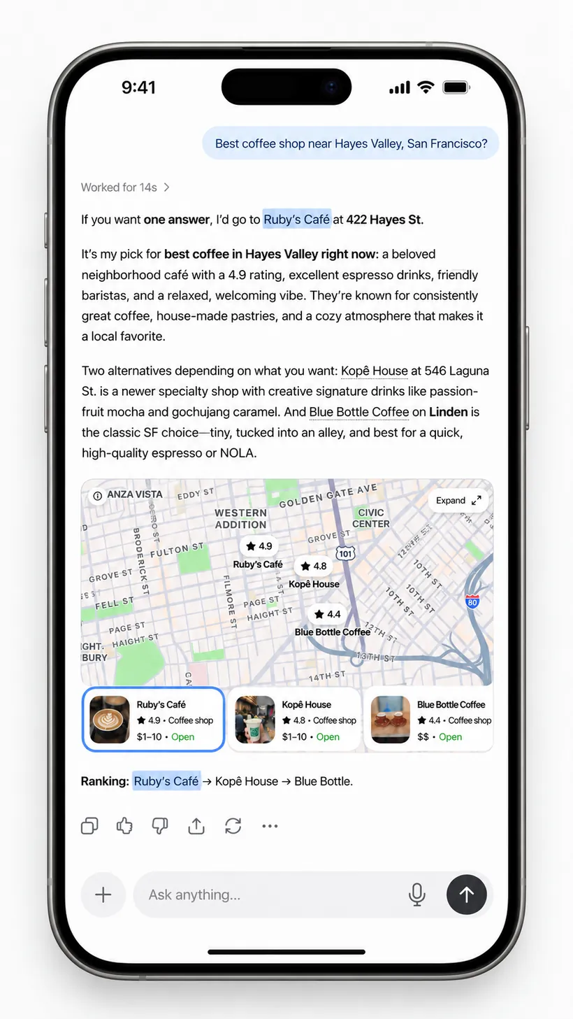 After: the same AI assistant now recommends Ruby's Café first, highlighted, with the correct address and rating.