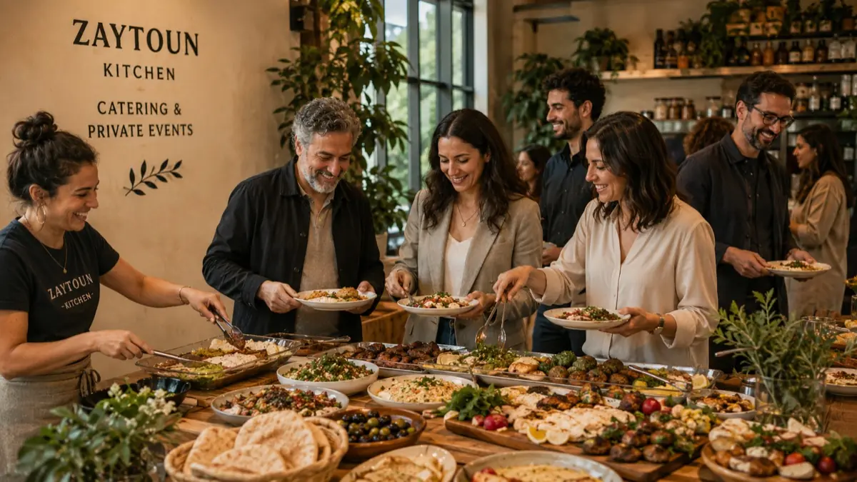 Guests serving themselves from a catering spread