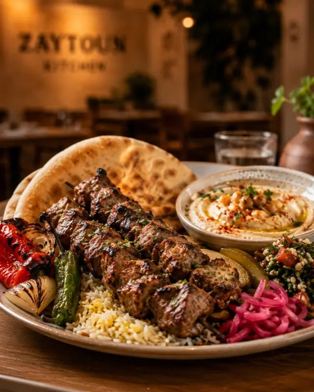 Charcoal-grilled kebab plate with pita and hummus