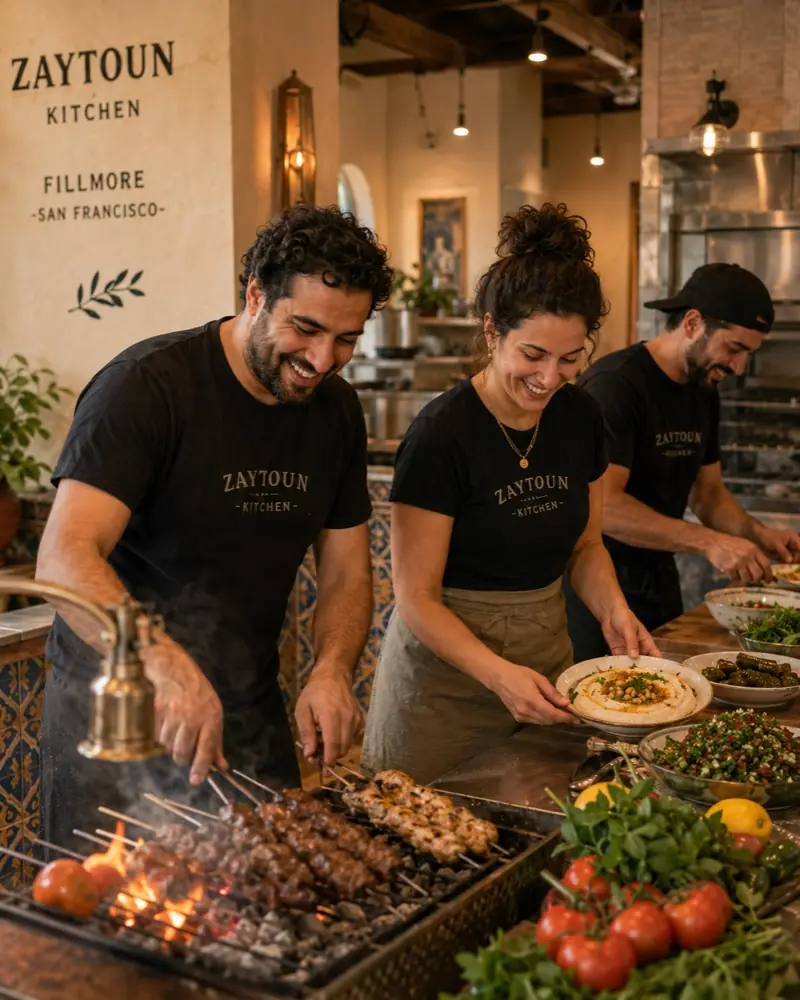 The kitchen team working the charcoal grill