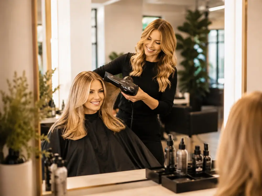 Stylist finishing a blowout in the studio